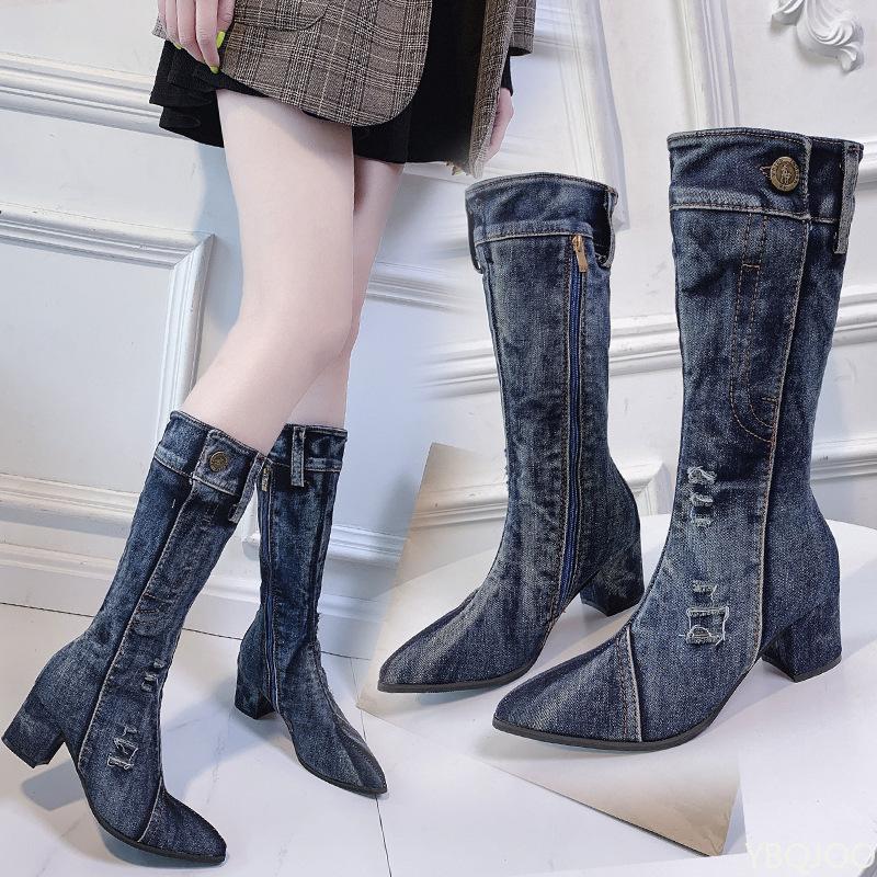 Fashion 2024 Women Chunky Denim Mid-Calf Boots Block High Heels Boots Winter Fashion Cowboy Western Boots Thick Heels Shoes
