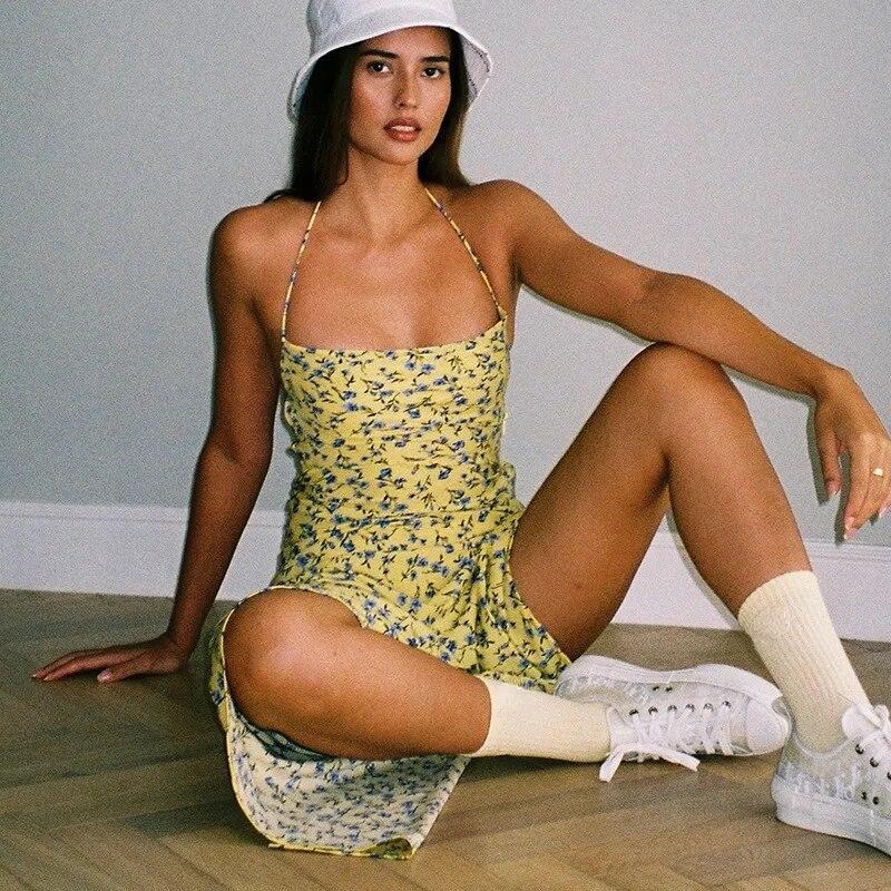 Dulzura Lace Up Halter Floral Long Dress For Women Backless Bodycon Midi Dress Sexy Party Club Outfit Streetwear Sundress Summer