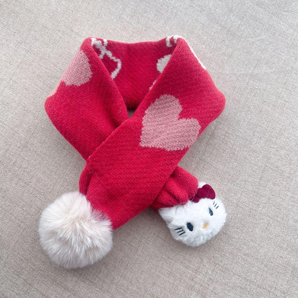 KT Kids' Red Heart Pom-Pom Scarf: Windproof, Warm, and Cute for Autumn/Winter Neck Protection