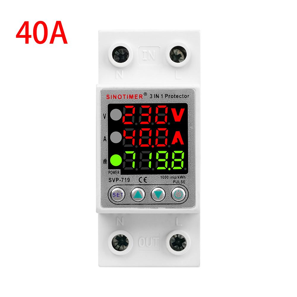 Двойной дисплей 40А 63А AC 220В 230В Регулируемый цифровой протектор устройства от перенапряжения и пониженного напряжения Реле ограничения Защита от перегрузки по току