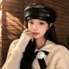 Bow Octagonal Hat British Style Painter Hat Fashion PU Leather Beret  Streetwear