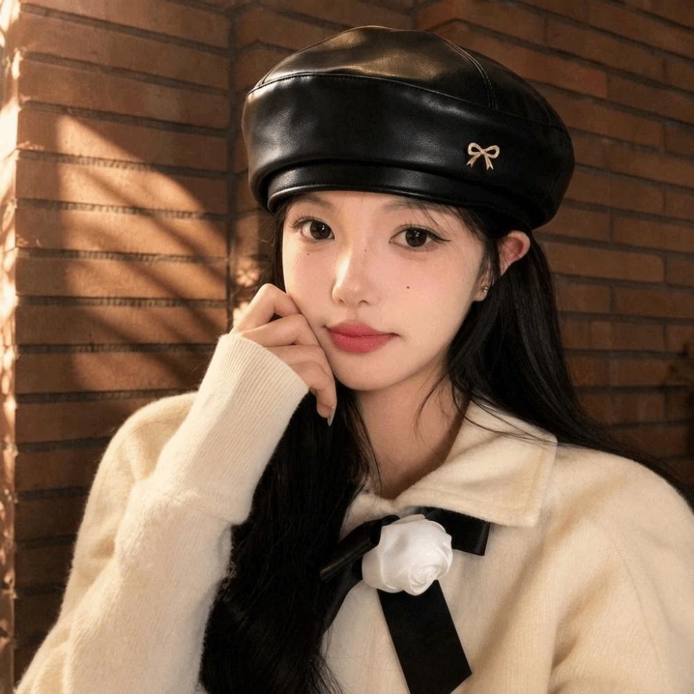Bow Octagonal Hat British Style Painter Hat Fashion PU Leather Beret Streetwear