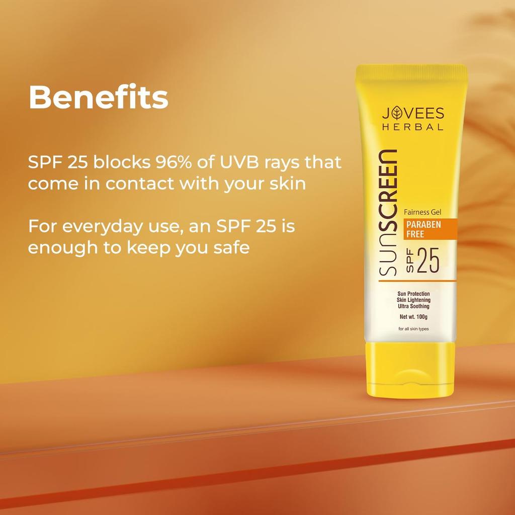 Jovees Herbal Sunscreen Fairness Gel SPF 25 100ml | Lightweight Oil Free Aloe Vera Gel Sunscreen For Daily UV Protection And Radiant Skin All Types