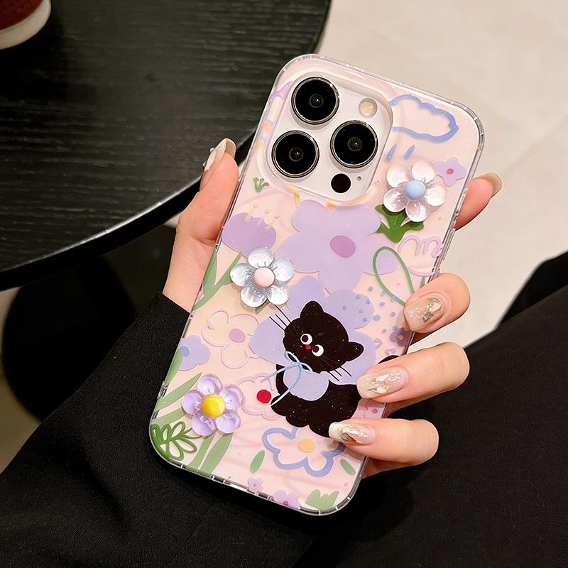 3D чехол для iPhone с изображением цветка дофамина и кота для 16 Pro/17 Pro Max - Ударопрочный, Мягкий чехол