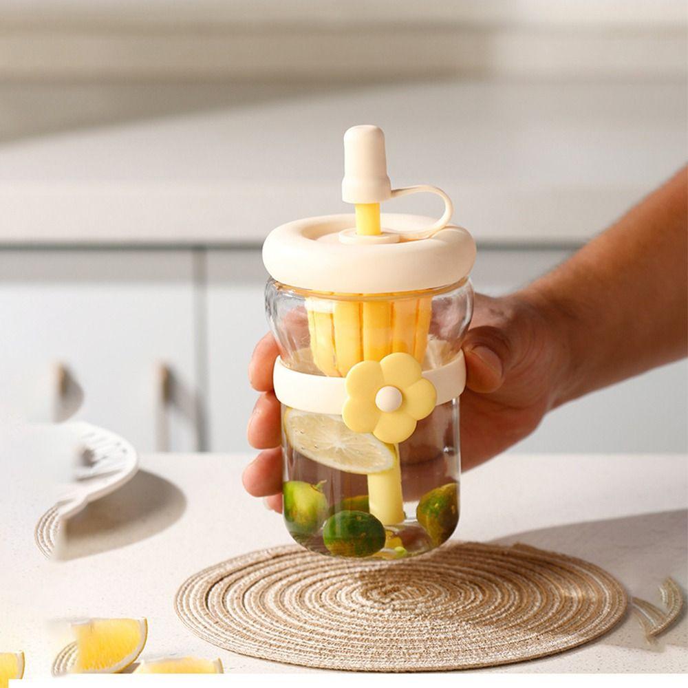 Flower Patch Straw Cup Portable Water Bottle Cartoon Glass Water Cup for Boys and Girls