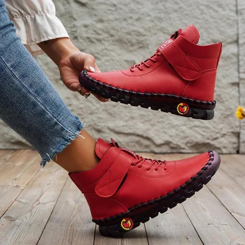 Fashion Woman's  Leather High Top Cotton Shoes Trend Winter Flat Bottom Shoes for Woman Warm Cotton Shoes Soft Bottom Non-slip Boots