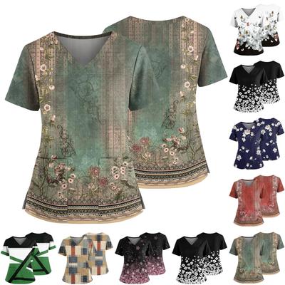 Женский повседневный топ с принтом, V-образным вырезом, карманом, боковым разрезом и короткими рукавами