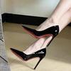 Black High Heels Women's Stilettos Spring and Autumn 2024 New Models Red Soles Patent Leather Pointed Sexy Professional Work Single Shoes Women
