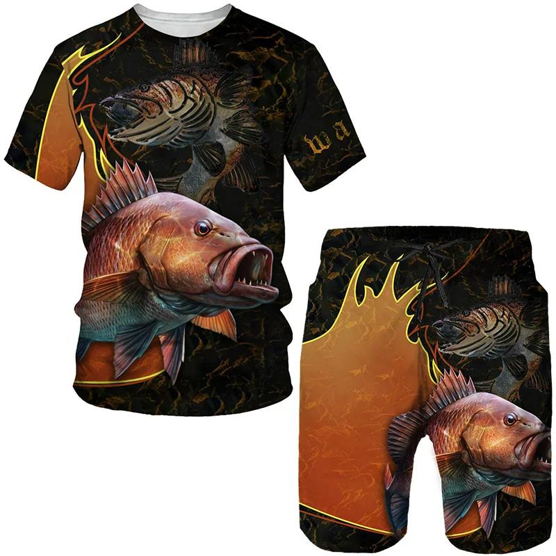 Summer Carp Fishing Pattern Men's T Shirt+Shorts 2PCS Outfits Casual Shorts Sets 3D Print Oversized Man Clothes O-Neck Tracksuit