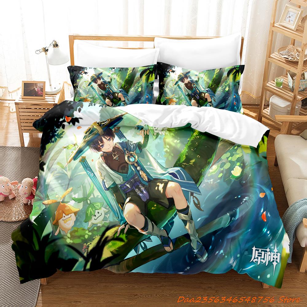 Comforter Game Genshin Impact Scaramouche Bedding Set Cartoon Anime Three-Piece Set Adult Kid Bedroom s 3D Kawaii