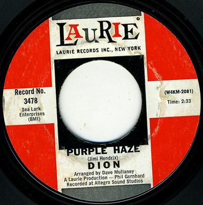 7-дюймовая пластинка DION - Purple Haze / The Dolphins 3478 LAURIE 1969 US Рок Б/У