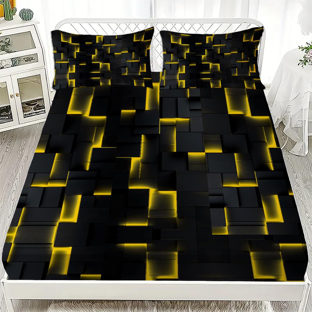 Neon Red Fitted Sheet 1pc Geometric Cube Plaid 3D Printed 100% Polyester Energy Checkered Flat Sheet Set Gifts For Teen Adult