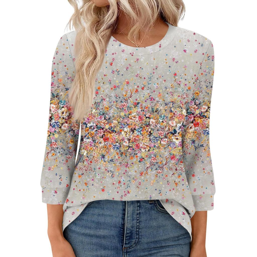 Женская модная повседневная свободная футболка с круглым вырезом и рукавами 3/4 с принтом, женский топ