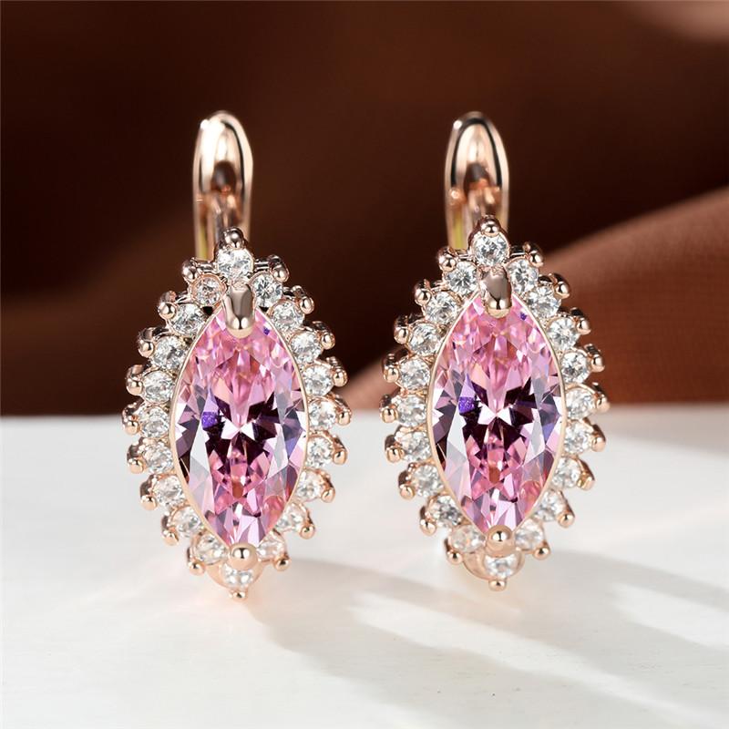 1 Pair Rose Gold Color Marquise Cut Multicolor Birthstone Drop Dangle Hook Earrings White Red Blue Green Stone Horse Eye Claw Earrings Jewelry