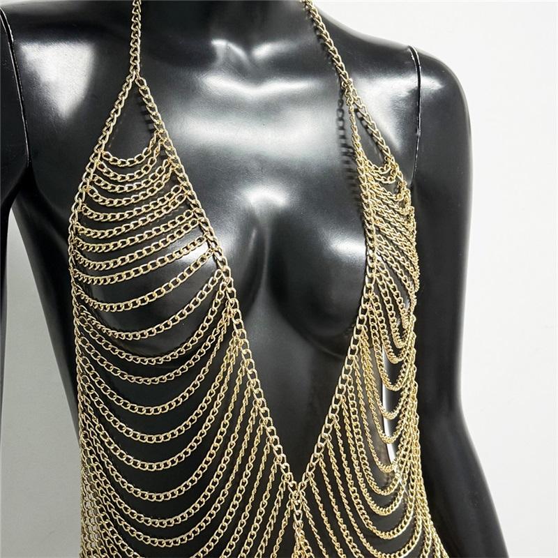 Silver Metal Chain Halter Dress Women Layered Fringe Body Jewelry for Party Club Nightclub Sexy Stage Costume Mini Dress