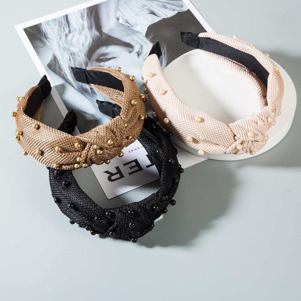 Women Hair Band Pearl Velvet Bow Wide Edge Headband Mesh Headwear