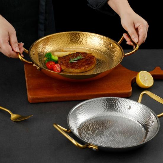 Fry Pot Saucepan Hammered Stainless Steel Paella Cooker Double-Handle Seafood