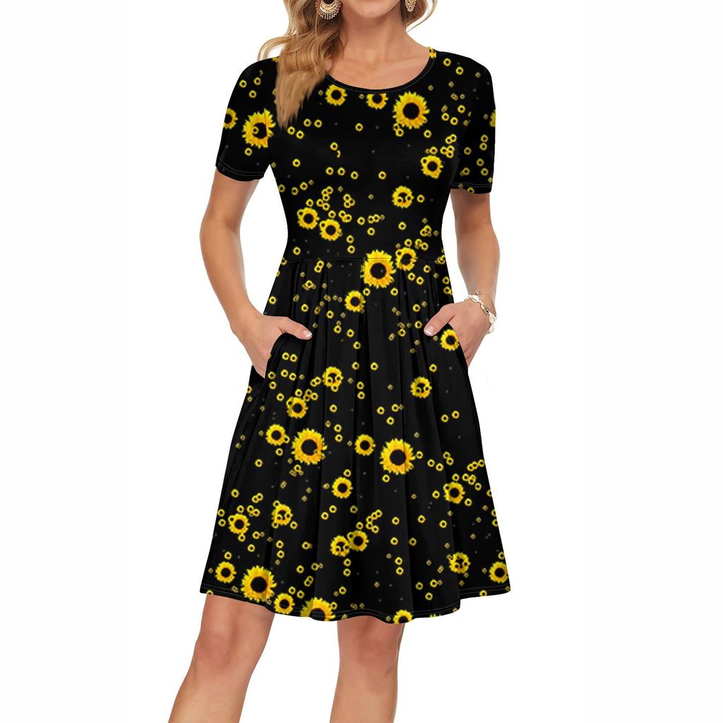 Женское платье с коротким рукавом, плиссированное, свободное, повседневное платье с карманами, платья длиной до колена