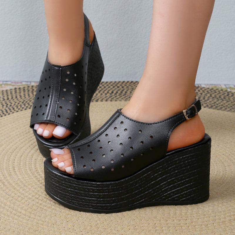 Модные женские черные босоножки с открытой пяткой и пряжкой сбоку, женские туфли на толстой подошве, женские туфли на танкетке, большой размер 42