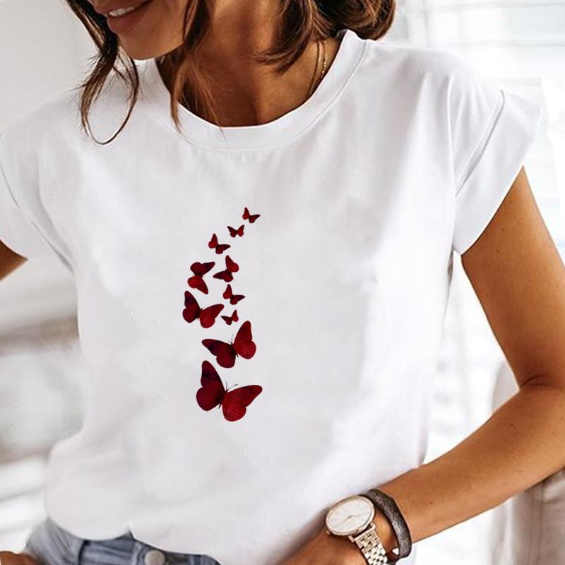 (Азиатский размер) Футболка с цветочным принтом и бабочкой в ​​стиле 90-х годов, милая одежда, повседневная модная футболка с коротким рукавом, женская футболка с принтом, женская женская футболка с графикой