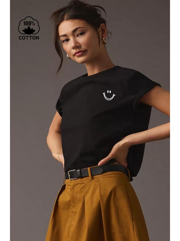 Женская футболка из чистого хлопка с принтом смайлика, с коротким рукавом и круглым вырезом - Европейский и американский стиль