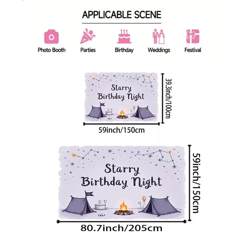 2D Lavender Starry Camping Birthday Backdrop, Campfire Tent Photo Background