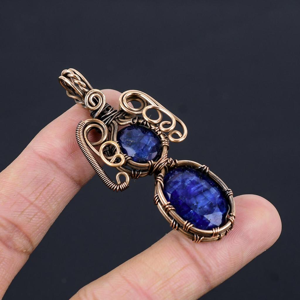 Кулон с синим сапфиром, Кулон с драгоценным камнем ручной работы, Кулон, обернутый медной проволокой 999 пробы, Антикварное украшение, Для подарка на помолвку