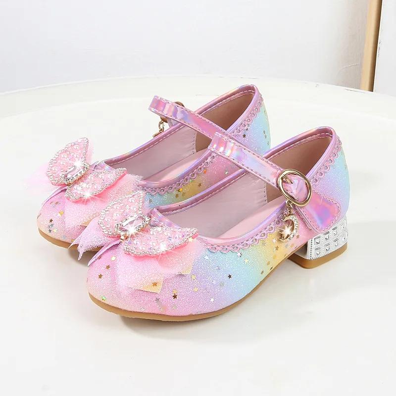 Spring Children High Heels Leather Shoes Fashion Glitter Rainbow Princess Shoes for Girls Kids Party Wedding Dress Single Shoes