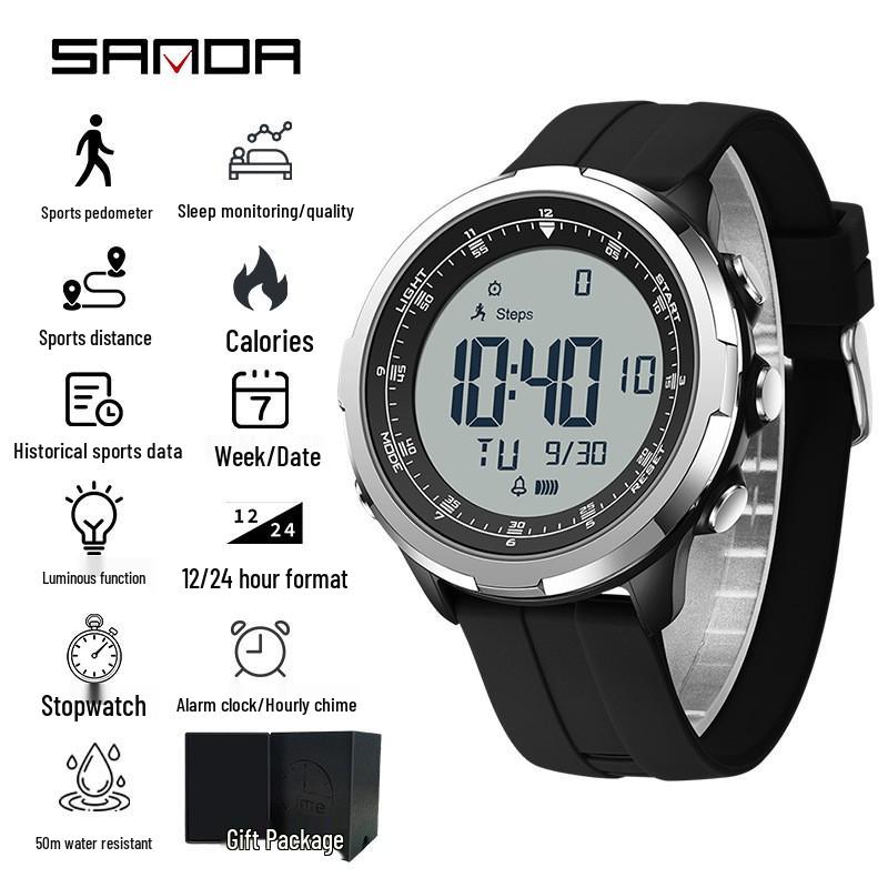 Универсальные спортивные часы SANDA: Вечный календарь, Будильник, Двойное время, Шагомер.