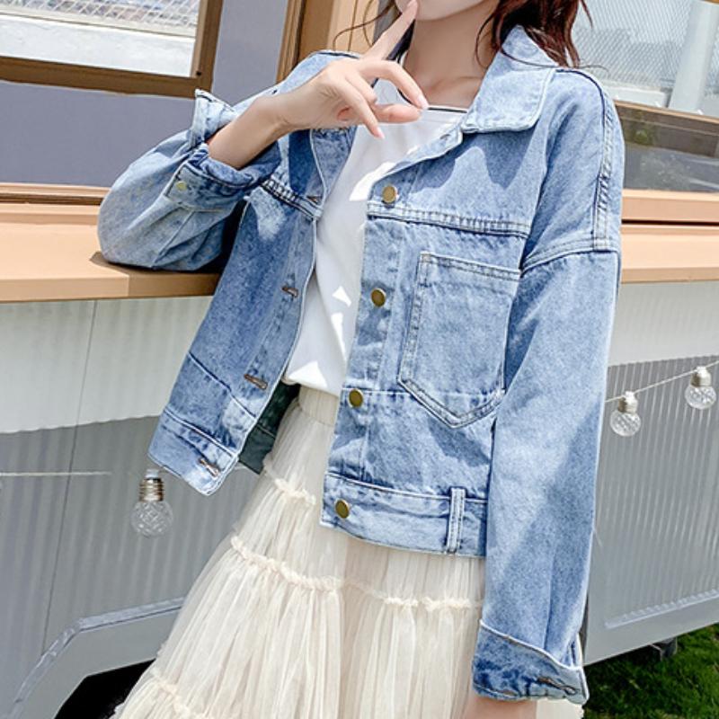 IHUASU Женская винтажная повседневная джинсовая куртка и пальто с длинным рукавом и воротником-поло на осень и зиму