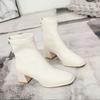 Fashion Square Toe Women Ankle Boots Flock Stretch Shoes Thin Mid Heels Black/brown/beige Back Zipper Dress Sock Boots Woman Size 34-40