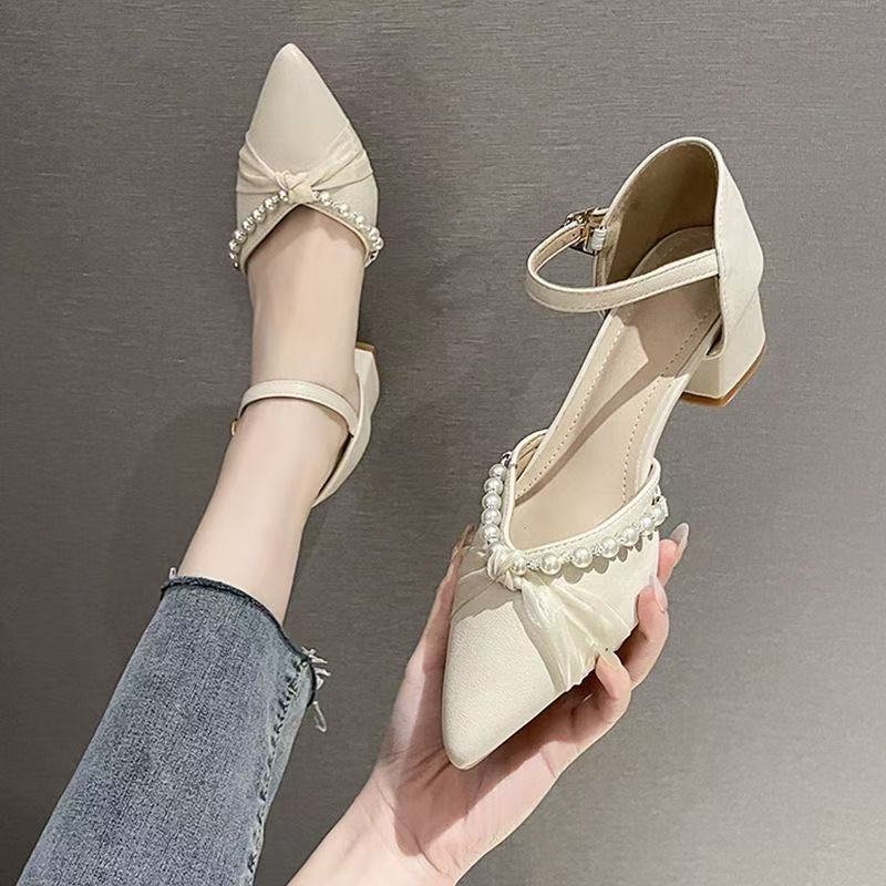 Shallow mouth pointed head high heel thick heel 2025 spring fairy style bag head sandals new single shoes female summer Mary Jane shoes