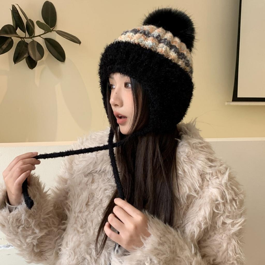 Новая осенне-зимняя теплая плюшевая шапка, вязаная шапка, женская модная шапка с ушками, ветрозащитная шапка