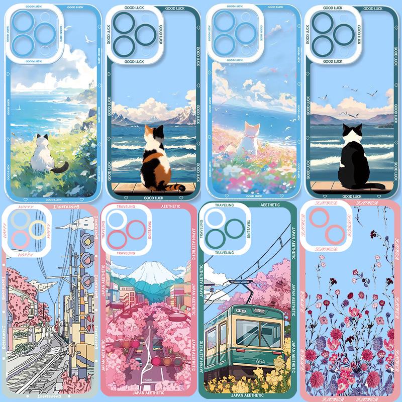 Аниме Пейзаж Милый Кот Цветок Чехол для Xiaomi 15T POCO X7 Pro X5 X6 X3 M3 M4 F5 Pro MI 11 Lite 5G NE Redmi 15C Прозрачная Крышка
