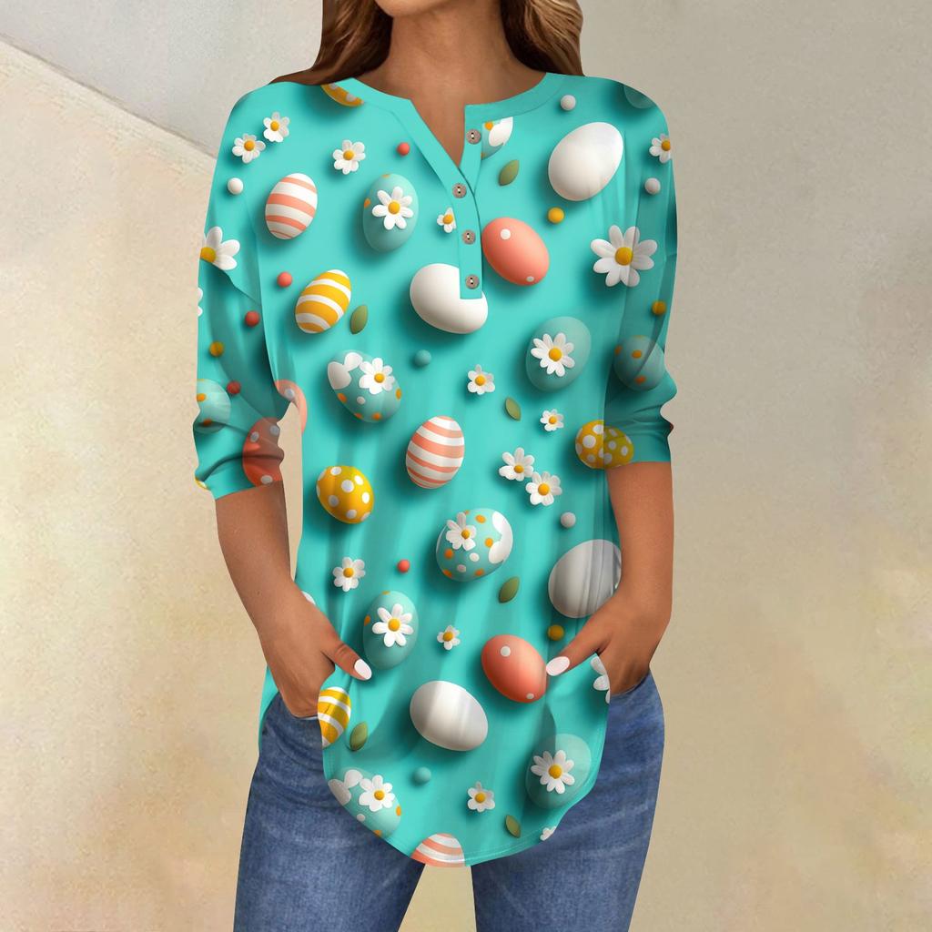 Women's 3/4 Sleeve Easter Egg Bunny Print Button Collar Fashion Casual Top