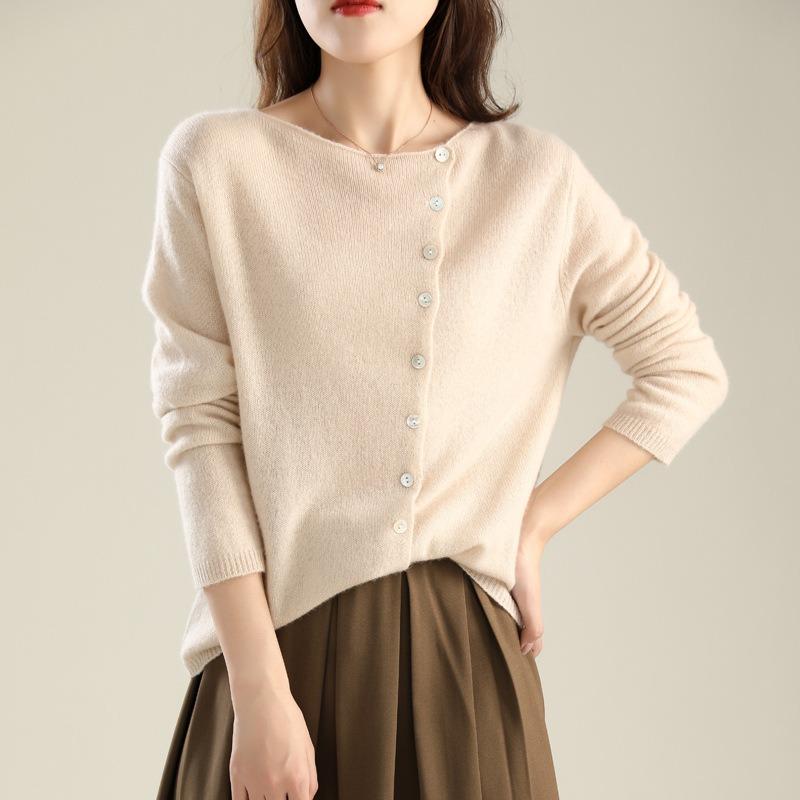 Spring and Autumn New Knitted Sweater Single-breasted Cardigan Women's Low Round Neck Thin Knitted Outer Cover