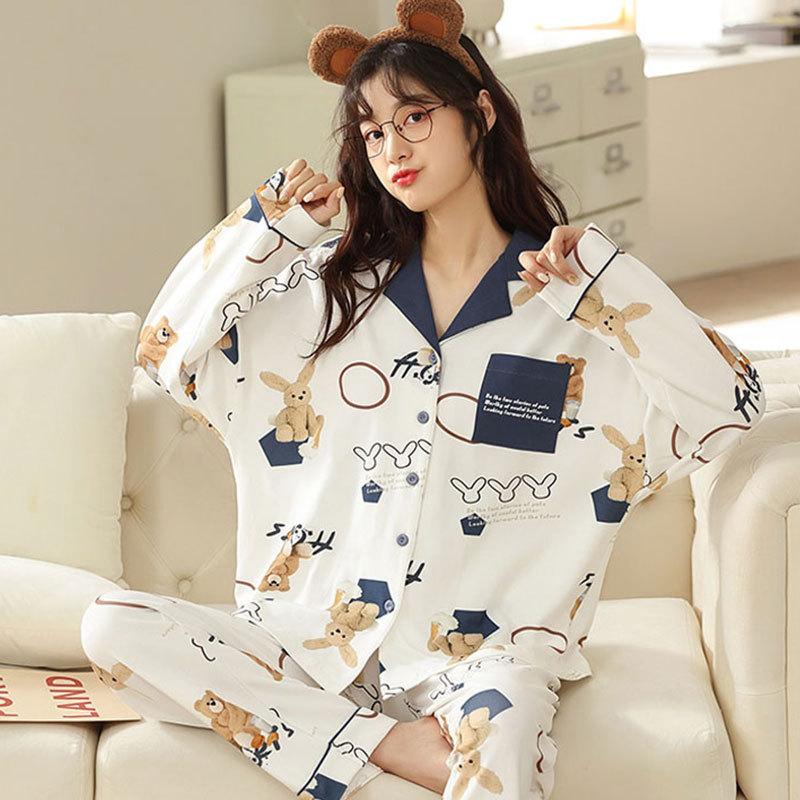 Весенне-осенняя женская пижама из двух частей, женский кардиган с длинными рукавами, имитация хлопка, домашняя одежда, женский пижамный комплект для отдыха