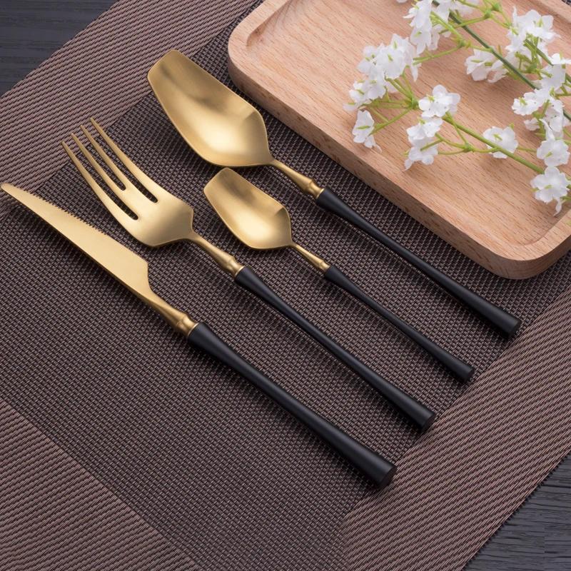 4 Pcs Mirror Matte Stainless Steel Black Gold Silver Cutlery Dinnerware Tableware Knife Spoon Fork Flatware Set Dishwasher Safe