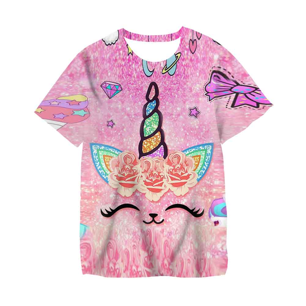 Kids Girls T-shirt Short Sleeve Unicorn 3D Print Tops Children Summer Sweatshirt 4-14 Years Girl Cute Unicorn Casual T Shirts