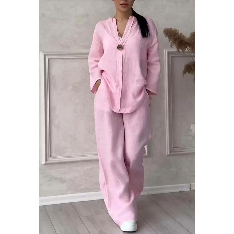 Европейский и американский летний модный женский комплект из хлопка и льна с V-образным вырезом и длинными рукавами на 2025 год