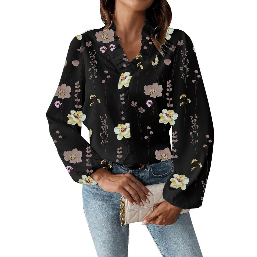 Women's Fall Ruffle V-Neck Fashion Printed Long Sleeve T-Shirt Shirt Top