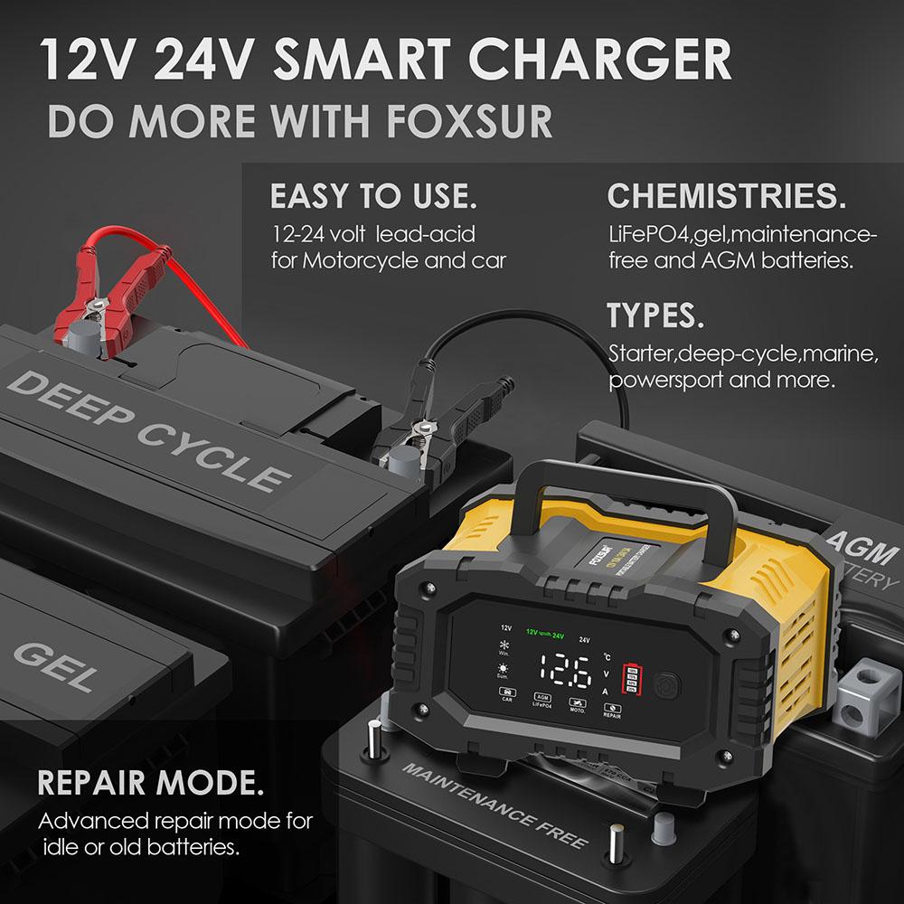 Зарядное устройство для автомобильного мотоциклетного аккумулятора 12 В-24 В, портативное интеллектуальное зарядное устройство для AGM GEL SLA свинцово-кислотных LiFePO4, 7-ступенчатое