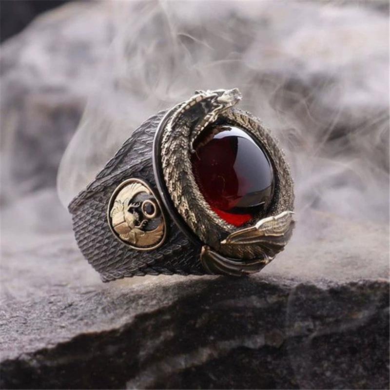 Cool Men Golden Dragon Rings Silver Color Fashion Red AAA Zircon Hip Hop Motorcycle Punk Party Jewelry Gift Size 6-13 Wholesale