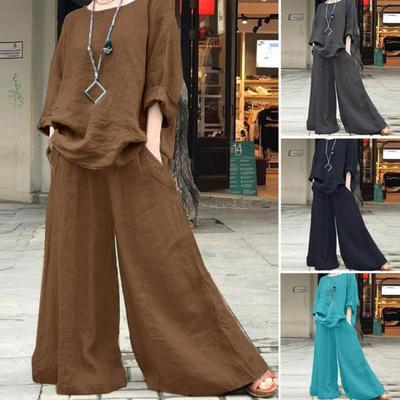 2 шт./комплект женский топ брюки комплект круглый вырез ретро блузка с длинными рукавами широкие брюки эластичный пояс повседневный досуг свободный наряд