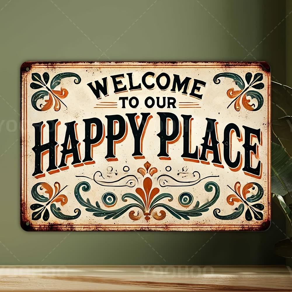 Welcome to Our Happy Place Vintage Aluminum Sign x Floral Border Wall Art Perfect for GardenEntryway Holiday Decor
