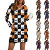 Women's Fashionable V-neck Long Sleeved Drawstring With Pocket Halloween Printed Casual Dress