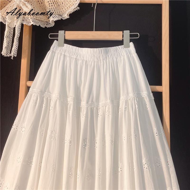 Японский стиль Mori Girl весна-лето женская белая юбка миди с высокой талией элегантная женственная женская юбка вышитые ажурные хлопковые юбки