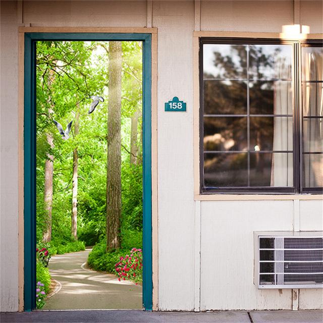 Самоклеящиеся дверные обои с зеленым лесным мостом, 3D ПВХ, стикер для домашнего декора, пляжное солнце, пейзаж, плакат, настенная наклейка deursticker