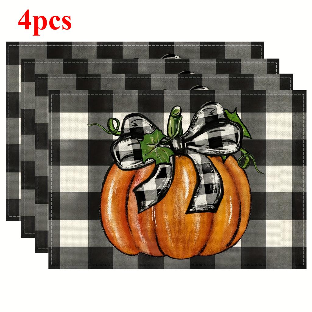 Thanksgiving Pumpkin Meal Mat 4-piece Set Hand Drawn Watercolor Checkered Bow Design Table Mat Dining Decoration