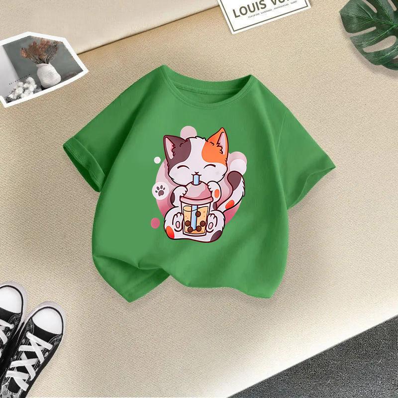 Детская футболка с милым принтом кошки, детская одежда 100% хлопок, топы 2-13 лет, свободного кроя, повседневная футболка с круглым вырезом и коротким рукавом